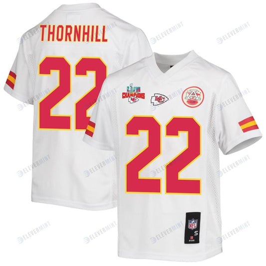 Juan Thornhill 22 Kansas City Chiefs Super Bowl LVII Champions 3 Stars Youth Game Jersey - White