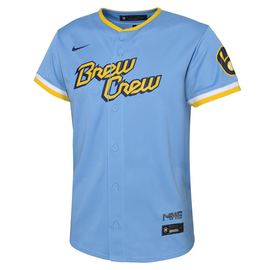 Boys' Grade School Christian Yelich Nike Brewers 2022 City Connect Replica Jersey - Light Blue